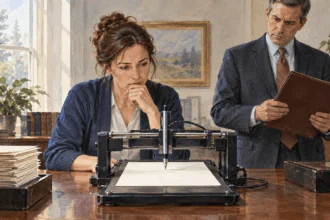Conceptual painting of a technician checking an autopen machine over a blank sheet.
