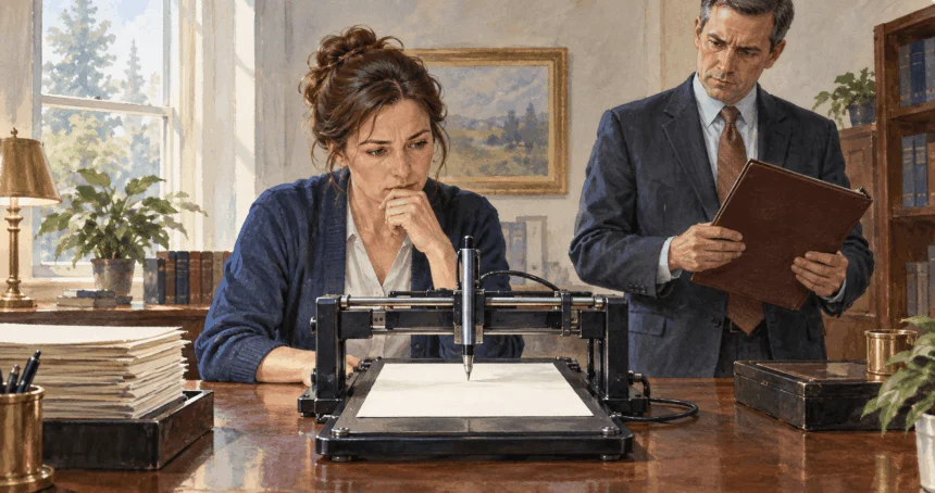 Conceptual painting of a technician checking an autopen machine over a blank sheet.