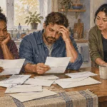 Conceptual painting of federal workers discussing household bills during a shutdown.