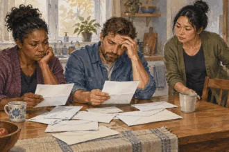 Conceptual painting of federal workers discussing household bills during a shutdown.
