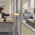 Conceptual painting of two office workers passing a closed folder through an interior glass partition.