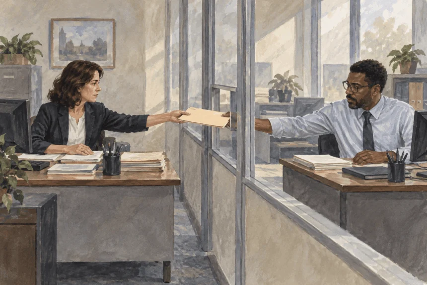 Conceptual painting of two office workers passing a closed folder through an interior glass partition.