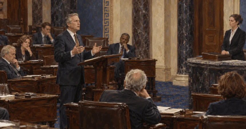 A senator speaks while colleagues and a clerk await a vote.