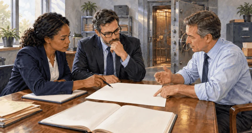 Conceptual painting of bank examiners reviewing blank records with a banker.