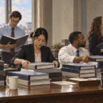 Committee staff compare budget binders during appropriations work.