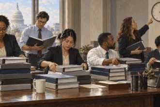 Committee staff compare budget binders during appropriations work.