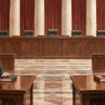 Conceptual watercolor of two lawyers preparing closed law books before an empty high court bench.