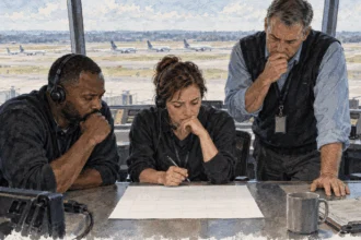 Conceptual painting of air traffic staff reviewing a reduced flight schedule.