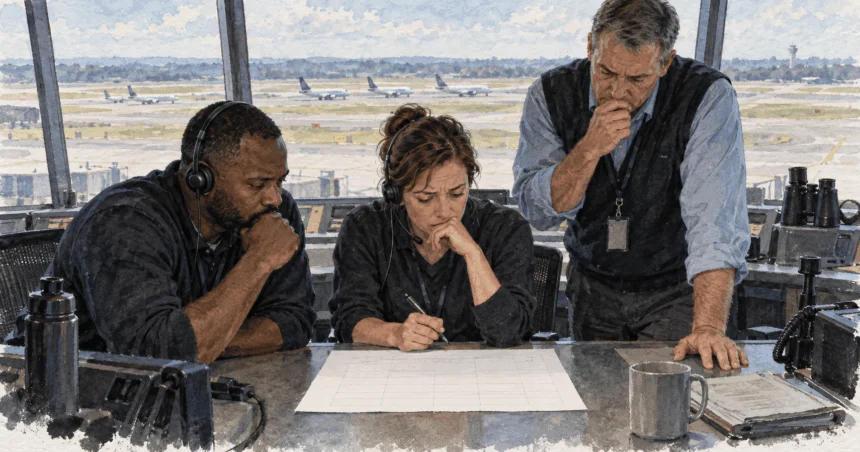 Conceptual painting of air traffic staff reviewing a reduced flight schedule.