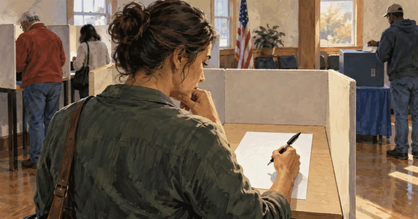 Painted illustration of a voter considering a ballot in a polling booth.