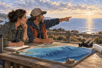 Conceptual watercolor of coastal planners considering offshore waters from a waterfront office.