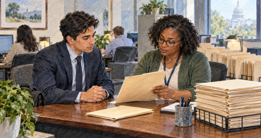 Applicant and federal HR worker review a folder beside a queue of applications.
