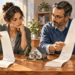 Conceptual watercolor painting of buyer and counselor compare mortgage horizons.