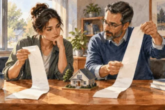 Conceptual watercolor painting of buyer and counselor compare mortgage horizons.