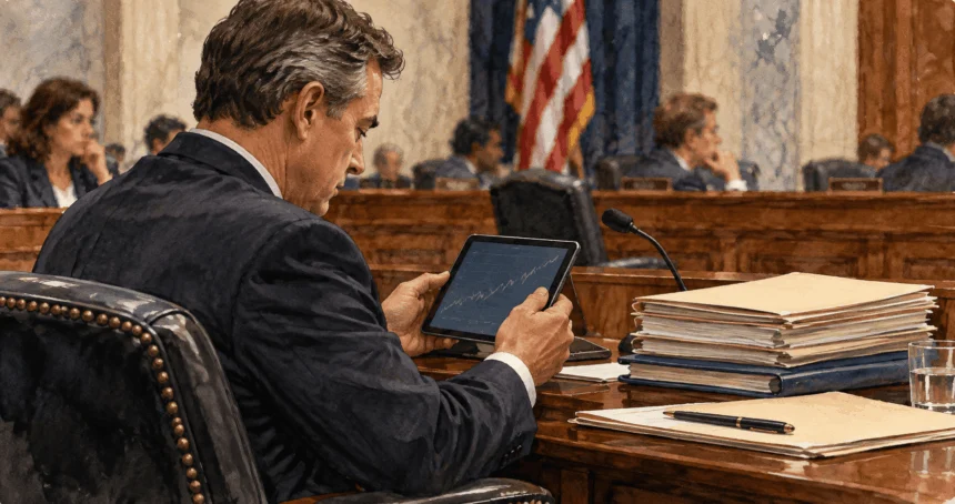 Lawmaker viewing an investment tablet beside committee files.