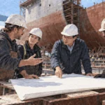 Conceptual painting of shipbuilders discussing plans beside an unfinished hull.
