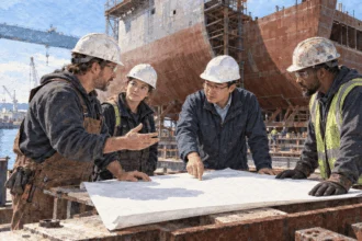 Conceptual painting of shipbuilders discussing plans beside an unfinished hull.