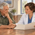 Conceptual painting of a retiree and eye doctor discussing lens options.