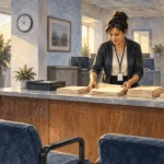 Conceptual painting of federal workers preparing a public-service office to reopen after a funding lapse.