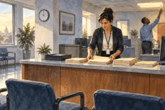 Conceptual painting of federal workers preparing a public-service office to reopen after a funding lapse.
