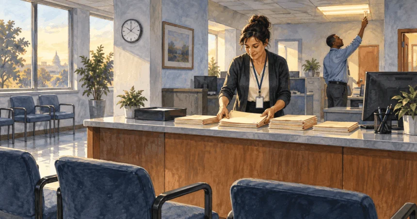 Conceptual painting of federal workers preparing a public-service office to reopen after a funding lapse.