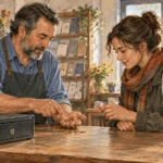 Conceptual painting of a shopkeeper counting pennies with a customer.