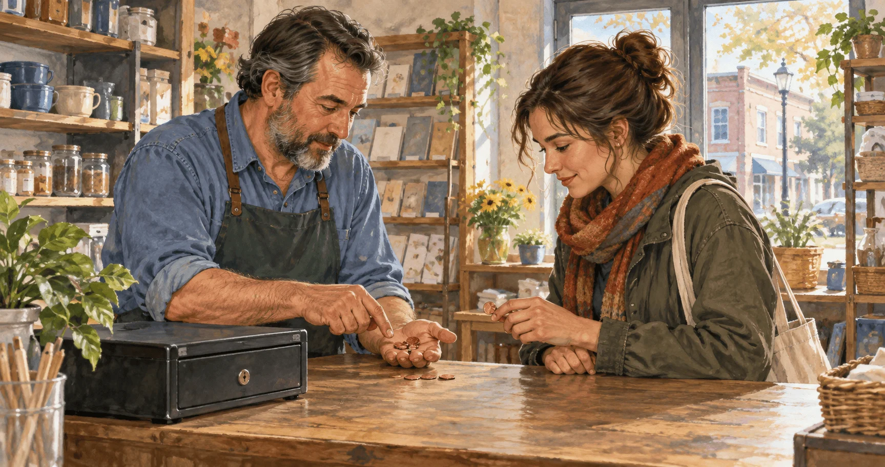 Conceptual painting of a shopkeeper counting pennies with a customer.