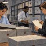 Painted scene of records staff checking a document-release process.