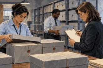 Painted scene of records staff checking a document-release process.