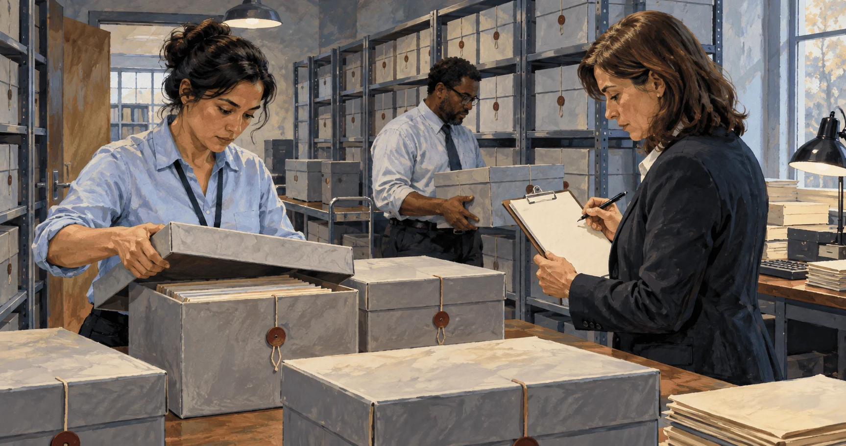 Painted scene of records staff checking a document-release process.