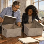 Painted illustration of journalist at public archive compares blank case-file boxes with colleague.