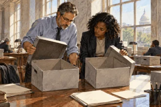 Painted illustration of journalist at public archive compares blank case-file boxes with colleague.