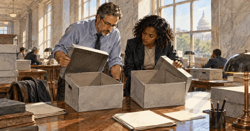 Painted illustration of journalist at public archive compares blank case-file boxes with colleague.