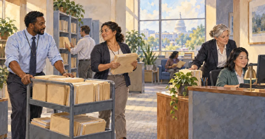 Federal staff transfer program folders while keeping a service desk open.
