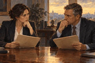 Conceptual painting of two policy advisers weighing blank folders in a Washington office.
