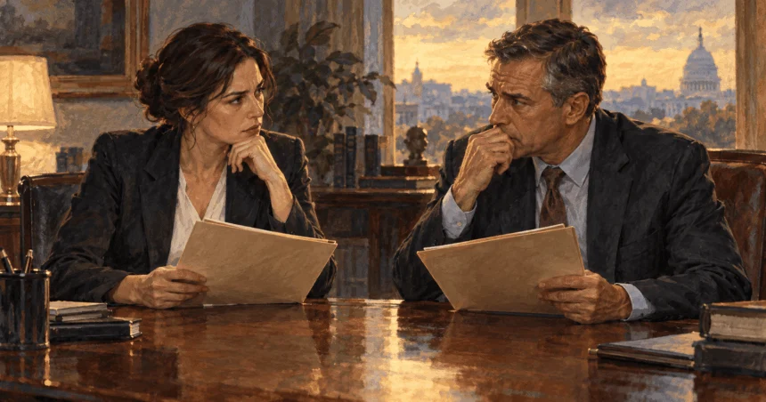 Conceptual painting of two policy advisers weighing blank folders in a Washington office.