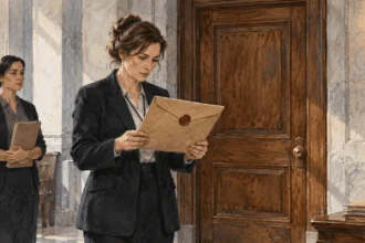 Conceptual painting of court clerks examining a sealed folder outside a grand-jury room.