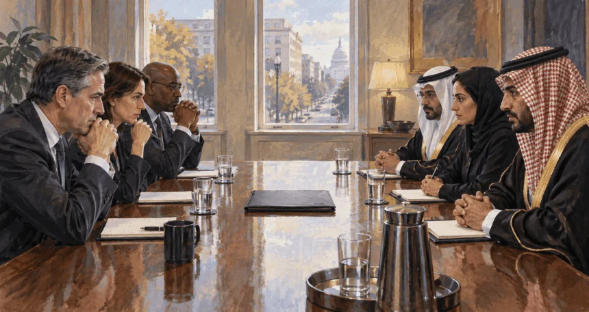 Conceptual painting of cautious diplomatic talks after a strained relationship.