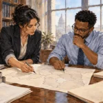 Conceptual watercolor painting of researchers examine district boundaries and court papers.