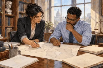Conceptual watercolor painting of researchers examine district boundaries and court papers.