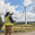 Painted illustration of two people examining a wind turbine from a nearby field.
