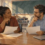 Painted illustration of two teachers talking over papers in an empty classroom.