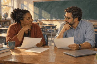 Painted illustration of two teachers talking over papers in an empty classroom.