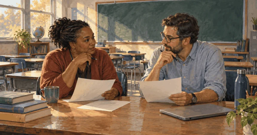 Painted illustration of two teachers talking over papers in an empty classroom.