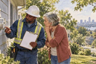 Painted illustration of utility worker and homeowner look at meter outside ordinary house, blank bill on clipboard.