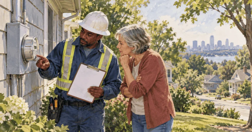 Painted illustration of utility worker and homeowner look at meter outside ordinary house, blank bill on clipboard.