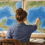 Conceptual painting of a map worker comparing two unlabeled maps of the Gulf coastline.