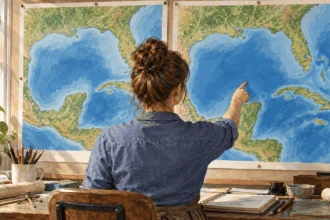 Conceptual painting of a map worker comparing two unlabeled maps of the Gulf coastline.