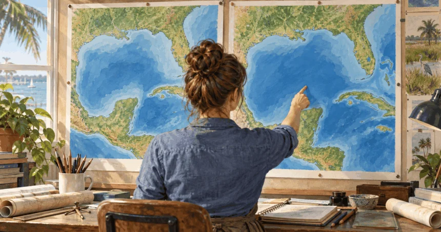 Conceptual painting of a map worker comparing two unlabeled maps of the Gulf coastline.