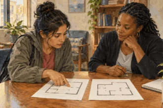 Conceptual painting of a renter comparing apartment floor plans with a housing counselor.